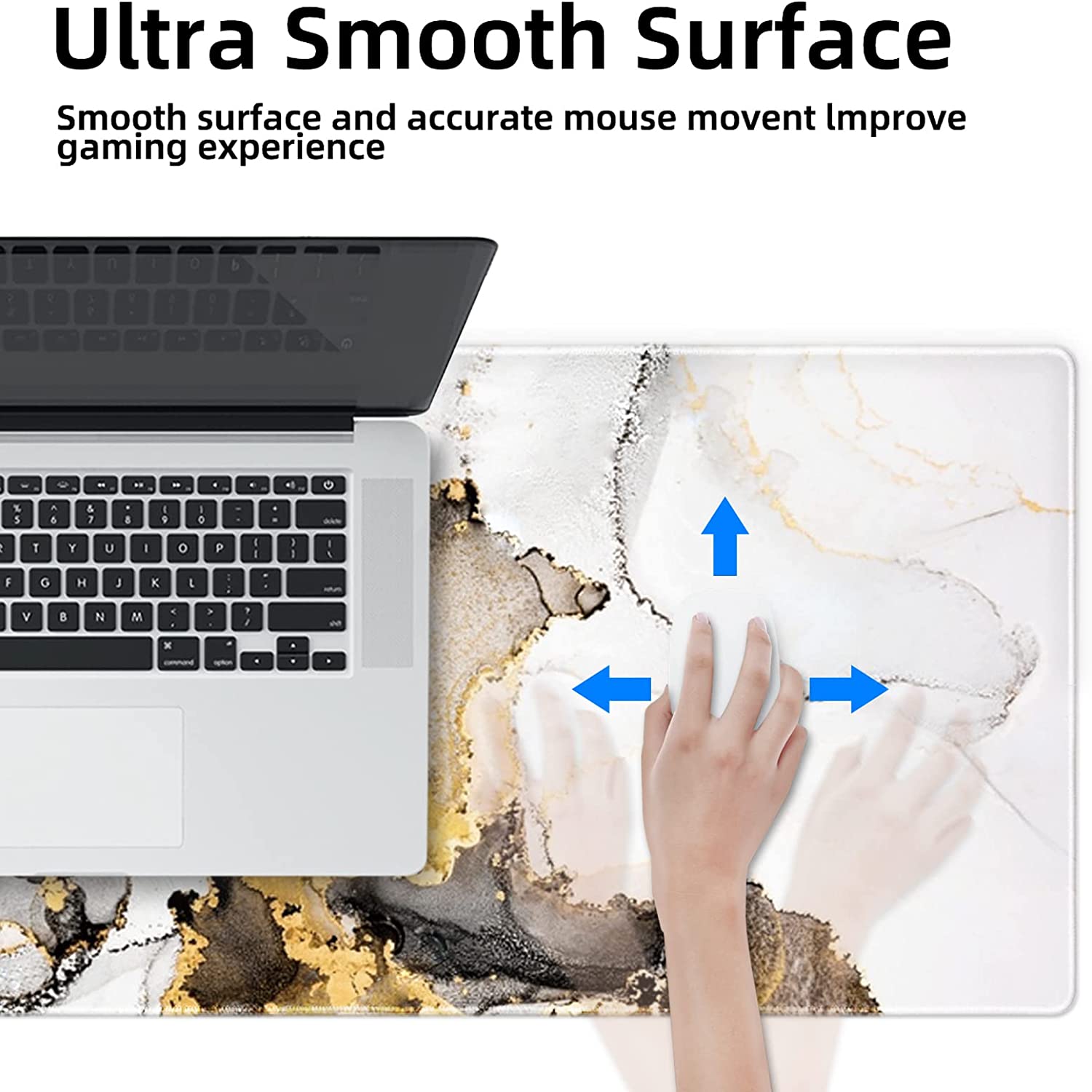 Large Mouse Pad XXL XL Large Mouse Pad Long Extended Mousepad Desk Pad Non-Slip Rubber Mice Pads Stitched Edges Thin Pad (31.5x11.8x0.12 Inch)-Ink White Gold Marble