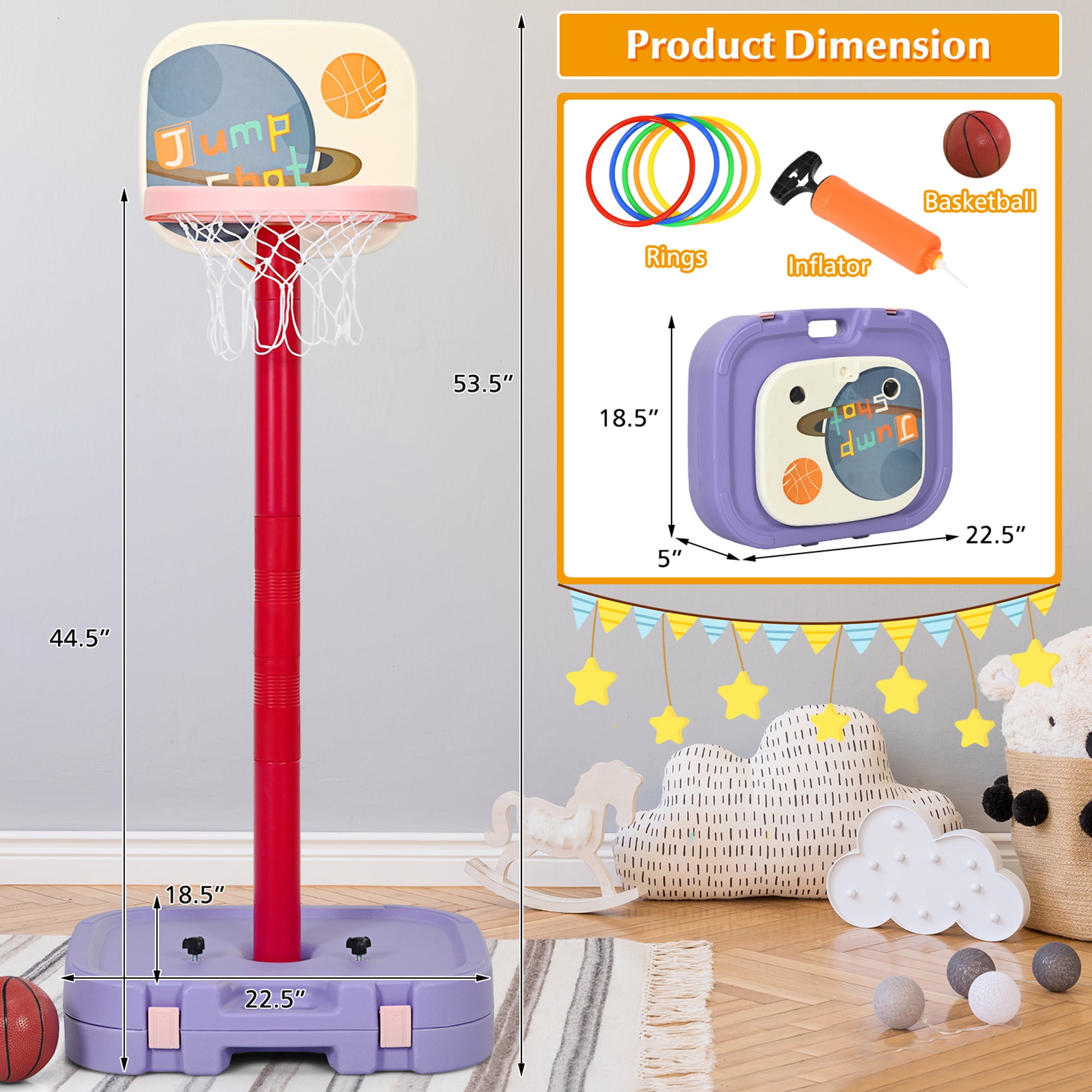 Gymax Portable 2 in 1 Kids Basketball Hoop Stand w/ Ring Toss & Storage Box Purple