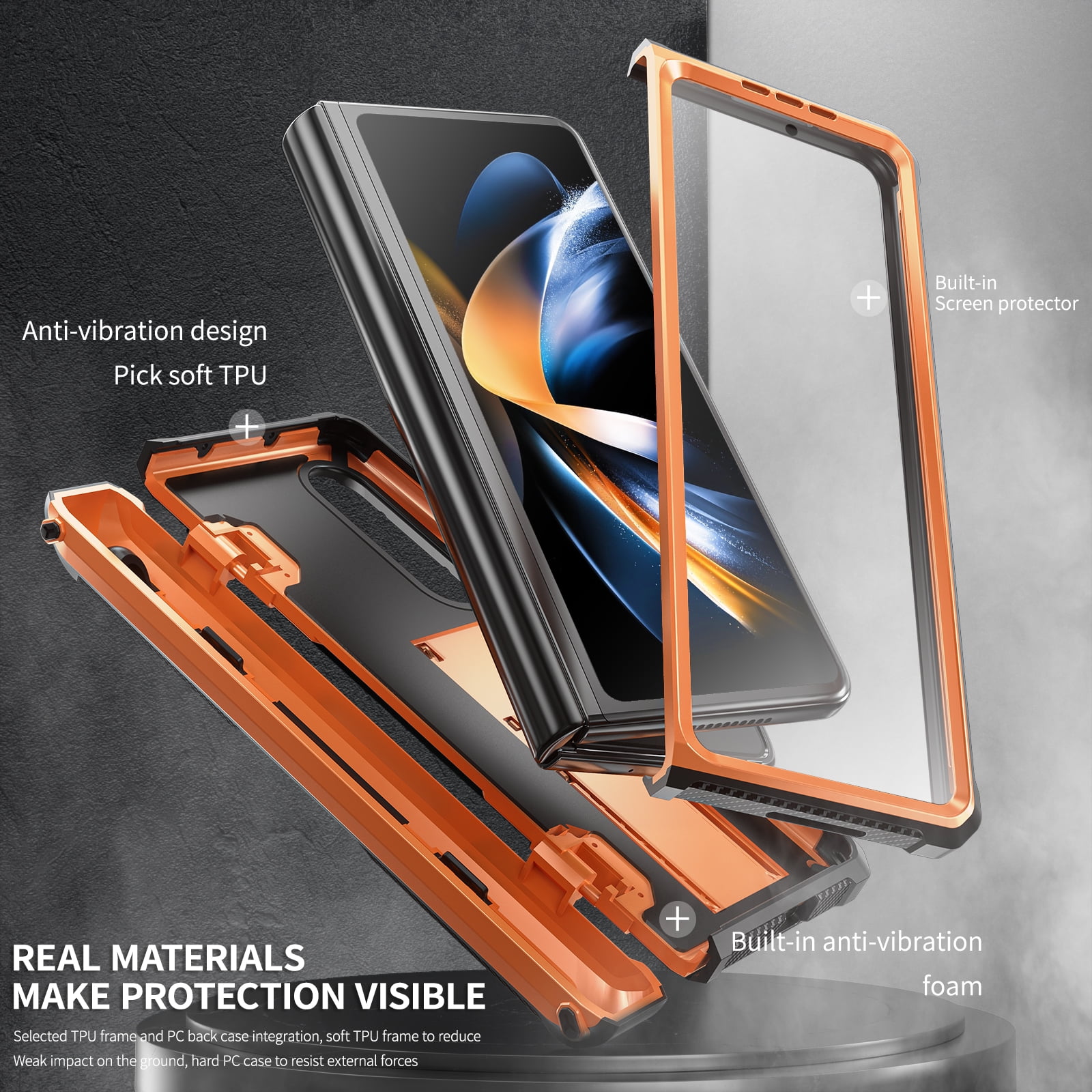 TECH CIRC Case for Samsung Galaxy Z Fold 4 Compatible with MagSafe, Heavy Duty Rugged PC Shockproof Hinge Protection Cover with Hidden Bracket Screen Protector S Pen Holder Galaxy Z Fold 4 Case,Orange