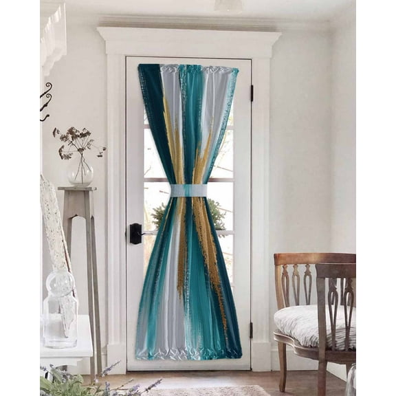 Abstract Teal Gold Blackout Curtains French Door Curtains for Door Window, Green White Wall Art Textured Privacy Drapery for Patio/Sidelight Doors, 1 Panel with Tieback, 54 x 72 Inches