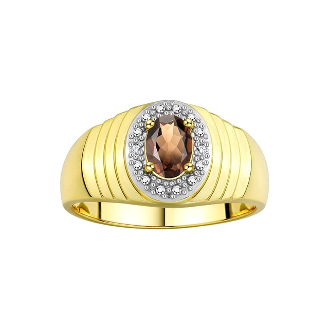 RYLOS Men's Rings 14K Yellow Gold Classic Halo Of Diamonds 7X5MM Oval Gemstone Ring Smoky Quartz June Birthstone Rings For Men Size 12