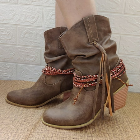 

Fashion Pure Color Round Toe Slip-On Square Heels Vintage Women Boots