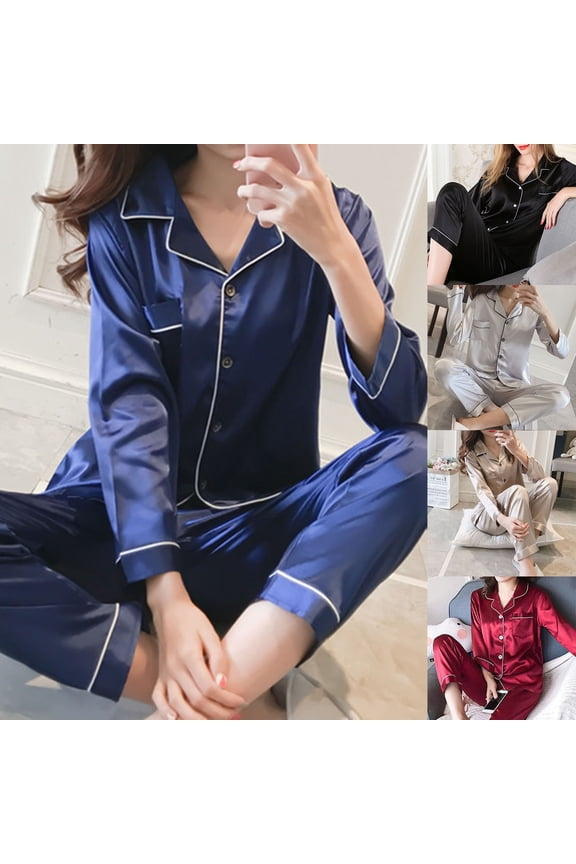2 Pcs/Set Pajamas Suit Imitation Silk Single-breasted Cardigan Oversized Turn-down Collar Nighty Suit for Home