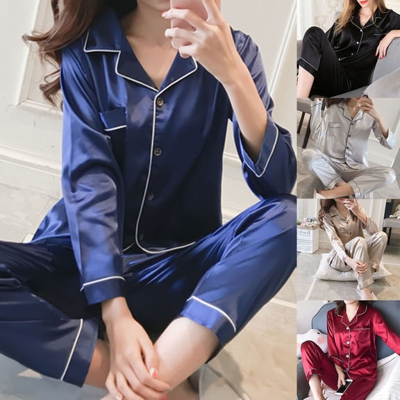 2 Pcs/Set Pajamas Suit Imitation Silk Single-breasted Cardigan Oversized Turn-down Collar Nighty Suit for Home