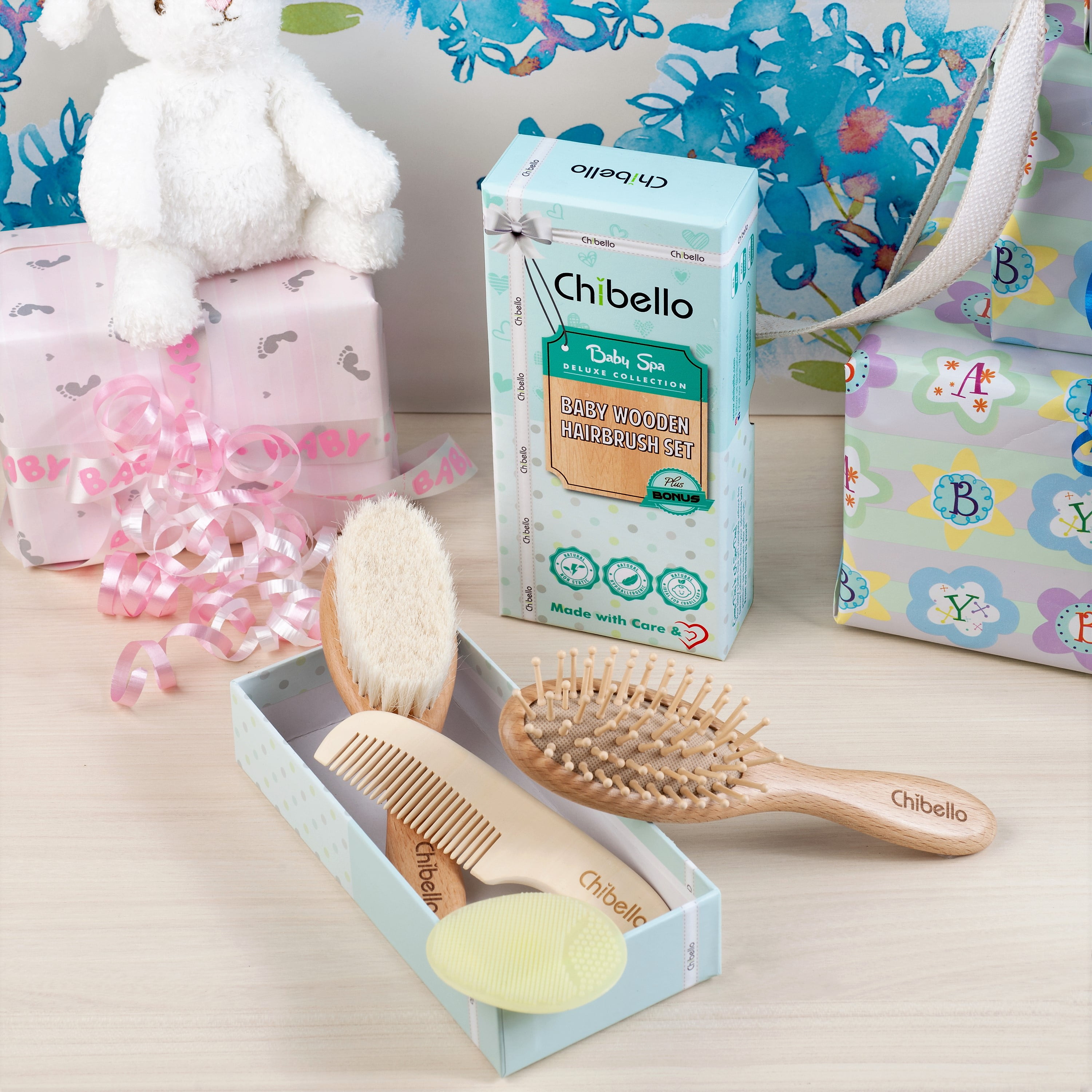 Chibello Baby Wooden Hairbrush Set, includes Soft Goat Bristles