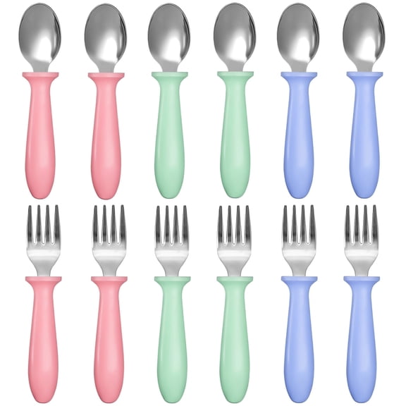 12 Pieces Toddler Utensils, Toddler Forks and Spoons, Kids Silverware Set with Plastic Handle Stainless Steel Silverware, Dishwasher Safe