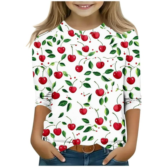 Qingpeng Toddler 3/4 Sleeve Tops for Girls Bow Graphic Crewneck Casual Cute Shirts Three Quarter Length Spring Tops