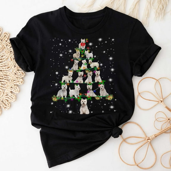 West Highland White Terrier Christmas Tree T-Shirt, Funny Dog Lover Gift, Westie Christmas Lights Shirts, Christmas Shirts for Women Men