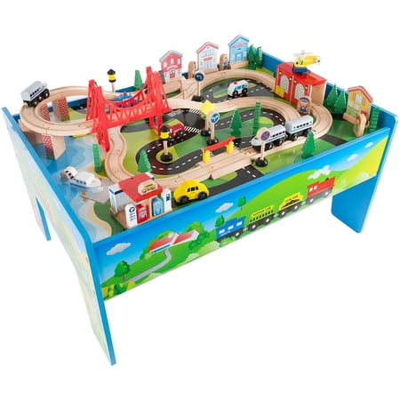 Kids Toys Play 75 Pc Train Set Wooden Table 32 x 23 x 15 Road and Water Scene Toddlers Boys Girls No Batteries