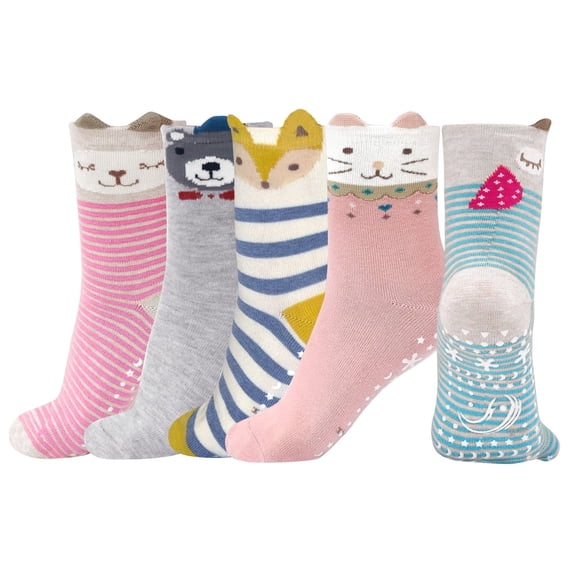 LOFIR Non-Slip Girls Ankle Socks With Grips - Novelty Cute Animal Pattern Cotton Crew Socks for 11-14 Years Girls & Boys, 5 Pairs