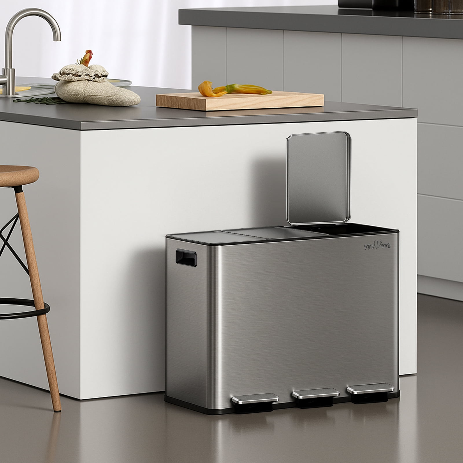 mVm 12 Gal 3 Compartment Trash Can, Triple Step Trash Can with Lid, Modern Kitchen Office Garbage Can（Gray）