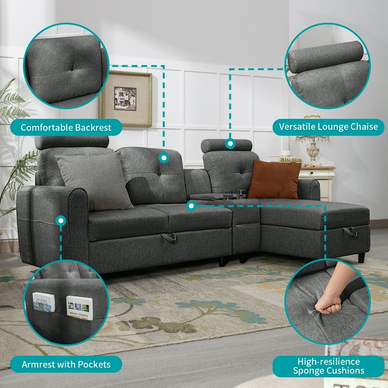 MUZZ Convertible Sectional Sofa Couch L Shaped Sofa with Reversible Storage Chaise Modern Sectional Sofa with Cup Holders and Neck Pillows Sofa Couch