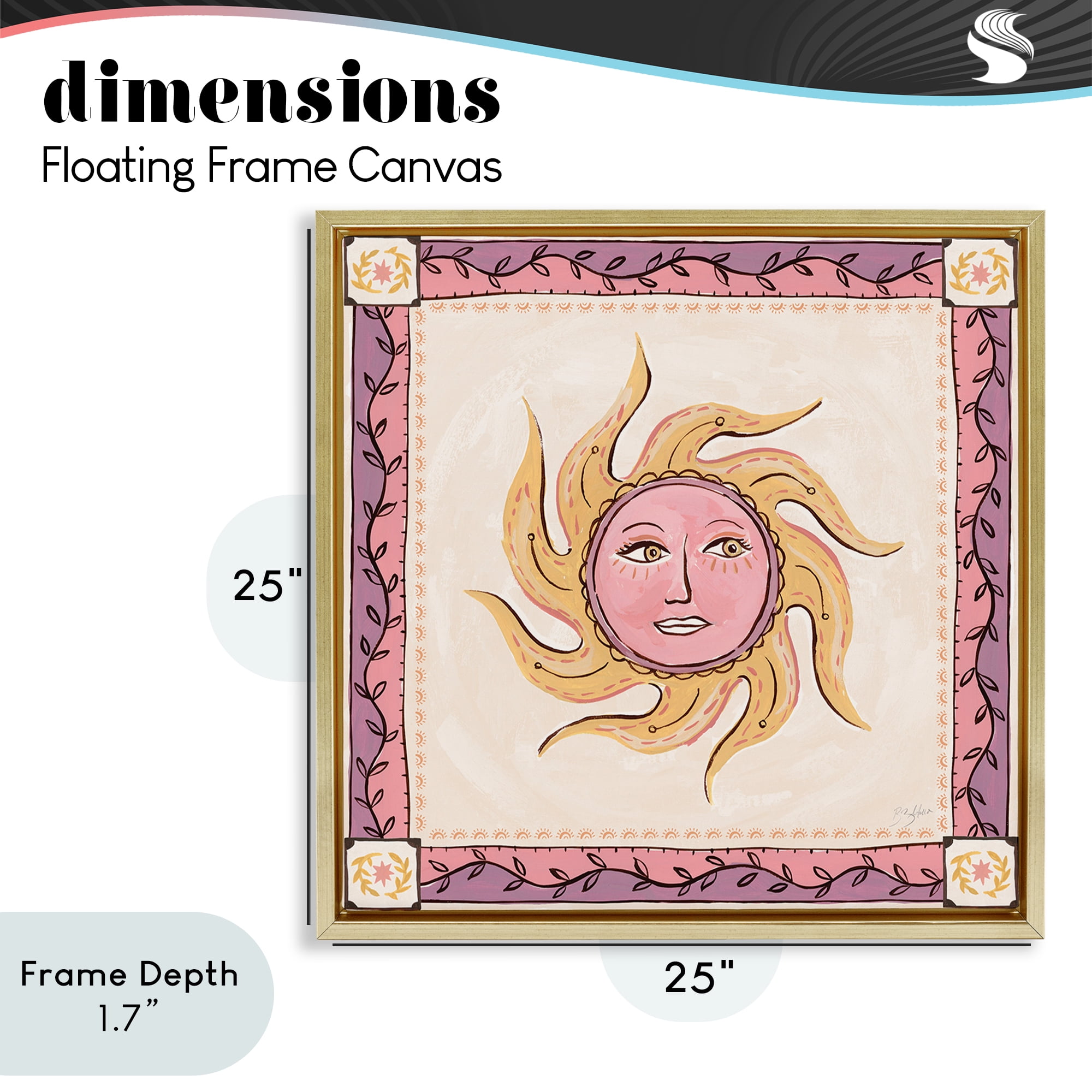 Stupell Industries Pink Sun Face with Leaf Border Gold Framed Floater Canvas Wall Art, design by Two If By Sea Studios