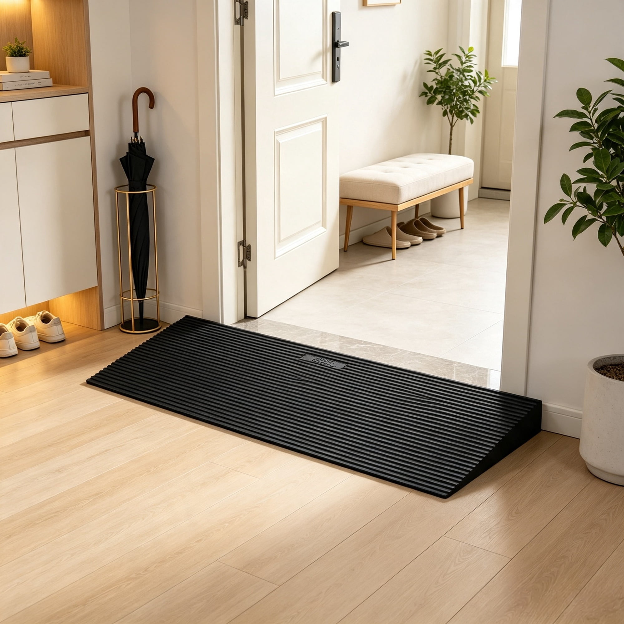 35.4" Wide Cuttable Threshold Ramp, Natural Rubber Non-Slip Surface with Double-Sided Tape, for Sweeping Robot, Wheelchair & Doorways