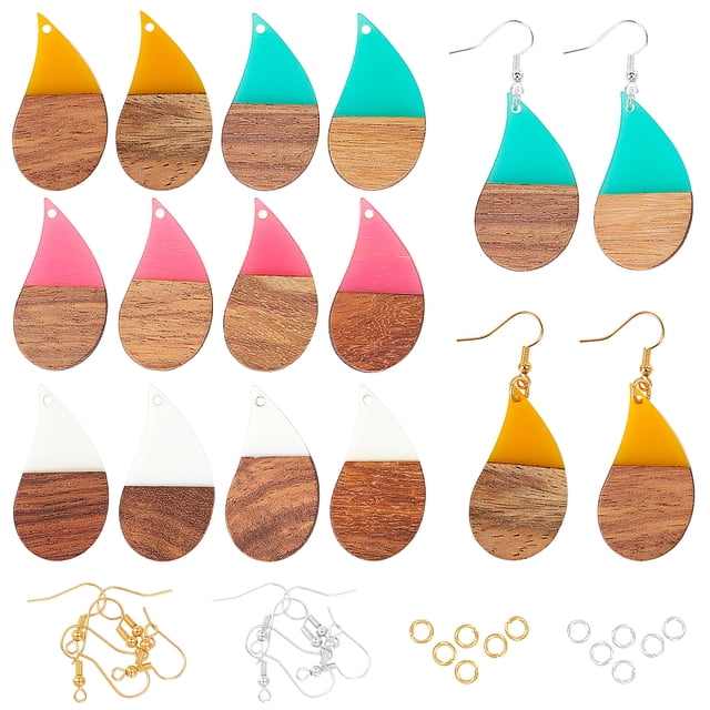 DIY Dangle Earring Making Kits Including Resin & Teardrop Walnut Wood Pendants Brass Earring Hooks & Jump Rings Mixed Color 96pcs/box