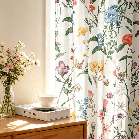 Invoibler Farmhouse Floral Semi Sheer Light Filtering Curtains, Cotton Blend Window Drapes for Living Room Bedroom, 52" W x 84" L, Set of 2