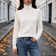 thumbnail image 4 of Hzzrkos Womens Turtleneck Knit Sweater Long Sleeve Pullover Top Soft Stretchy Ribbed Cuff Casual Lightweight Knitwear for Daily Wear Work Travel Outdoor Activities White M, 4 of 7