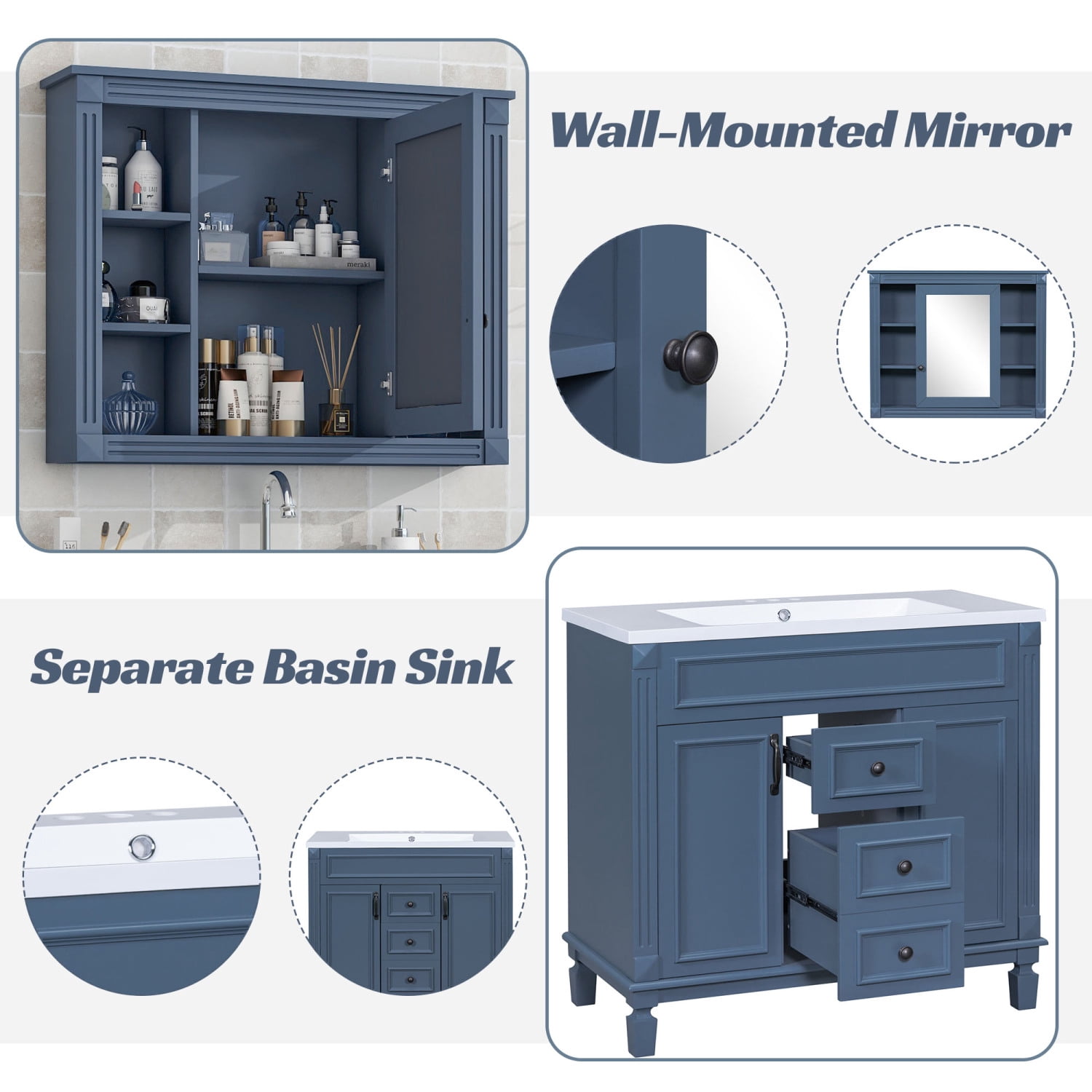 Harper & Bright Designs 36'' Bathroom Vanity Cabinet with Sink Combo Set and Mirror Cabinet, Modern Bathroom Storage Cabinet with 2 Soft Closing Doors and 2 Drawers, Blue