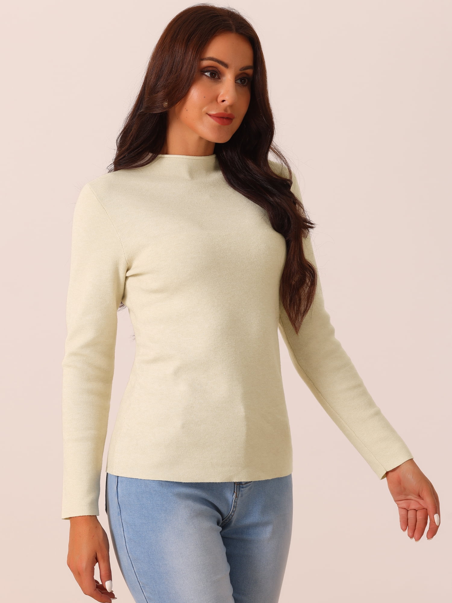 DARING DIVA Mock Neck Ribbed Knit Slim Fit Pullover Sweater Top M Beige