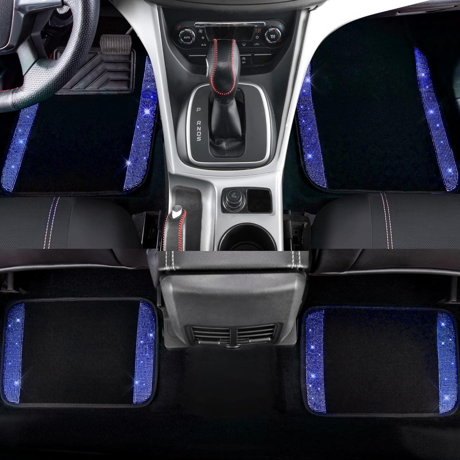 Car-Grand Bling Rhinestone Diamond car floor mats shining carpet sparkly glitter crytal with anti-slip heel waterproof universal fit cute girl women 4pcs Blue