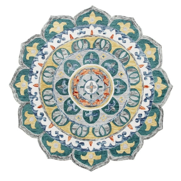 Laddha Home Designs 6' Teal Blue and Yellow Hand Hooked Mandala Medallion Round Wool Area Throw Rug