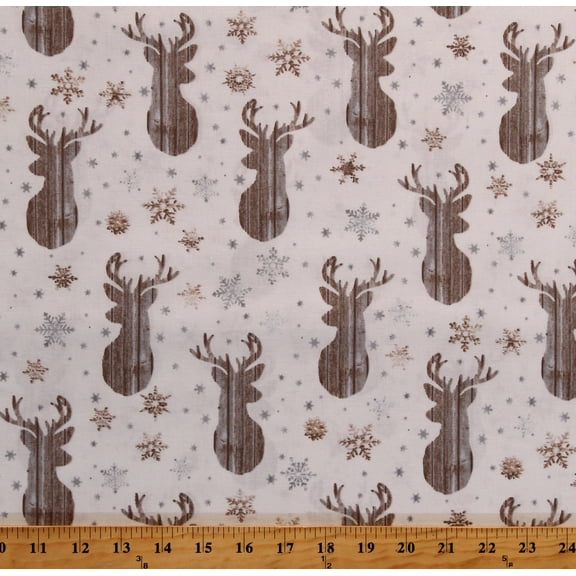 Cotton Deer Silhouettes Winter Snowflakes Northwoods Christmas Gold Silver Cream Cotton Fabric Print by the Yard (HOLIDAY-C7475-CREAM)