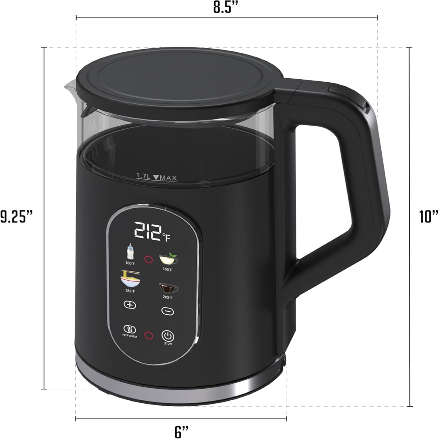 Electric Kettle 1500W Fast Boiling Water Heater with 1.7L Double Wall Insulated Borosilicate Glass Interior, Digital Touchscreen, Keep Warm, Auto-Shut Off and Boil-Dry Protection
