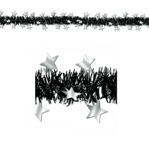 Party Central Star Metallic Tinsel Party Garlands - 12' -  Black and Silver - Club Pack of 12