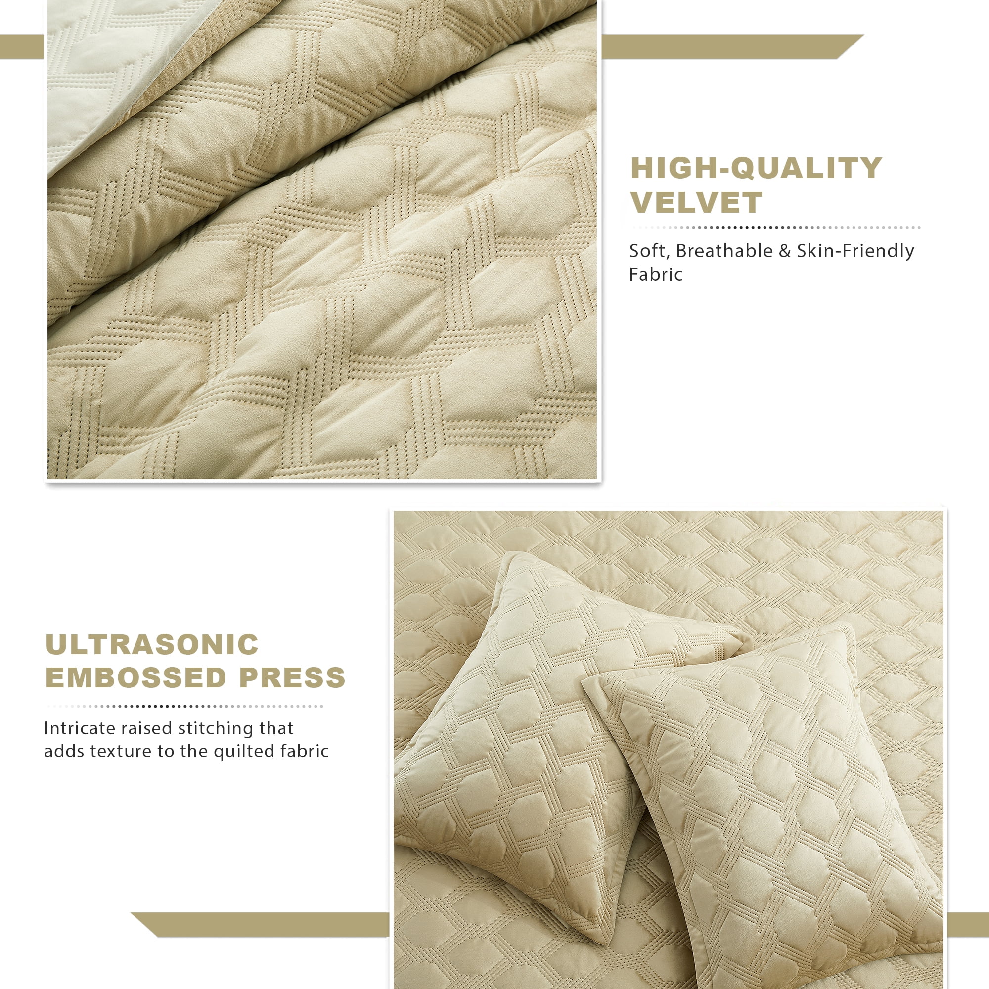 IR Imperial Rooms Velvet Quilt Set 3 Piece Geometric Ultrasonic Embossed Bedspread Reversible 350GSM Soft Brushed Microfiber Beige Full/Queen
