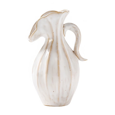 White Ceramic Pitcher Vase with Handle, Modern Farmhouse French Country Wabi Sabi Ribbed Fluted Distressed Glaze Decorative Vase for Pampas Grass and Flowers, Home Table Centerpiece Decor