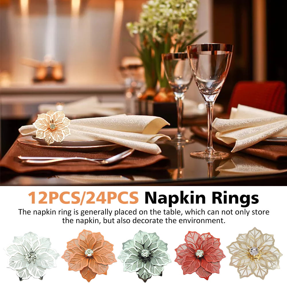 24Pcs Silver Flower Napkin Rings Buckle Serviette Holder Banquet Dinner Table 