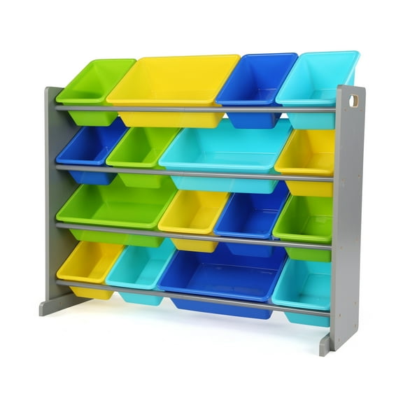 Humble Crew Elements Supersized Toy Storage Organizer with 16 Plastic Storage Bins, Grey/Blue/Green/Yellow