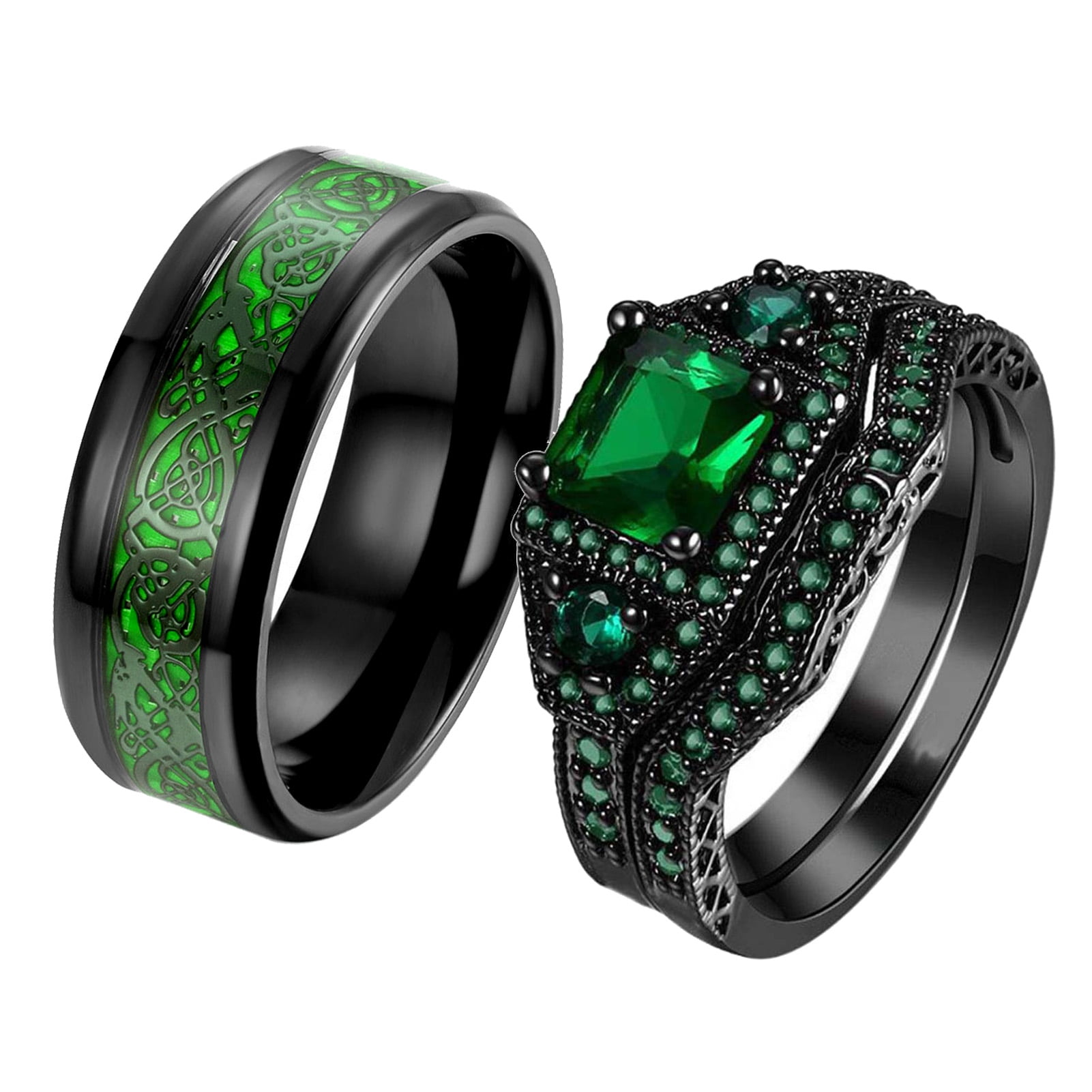 His Titanium and Her CZ Gold Plated Black green Engagement wedding ring set 
