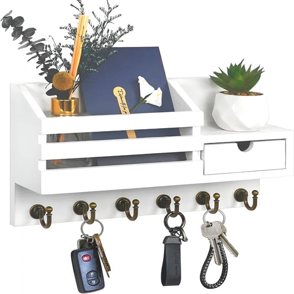 ZHZFKQ Key Holder Wall Mount: Key and Mail Holder for Wall with 6 Hooks and Storage Drawer,Easy Installation Key Rack for Entryway Home Decor (A-White)