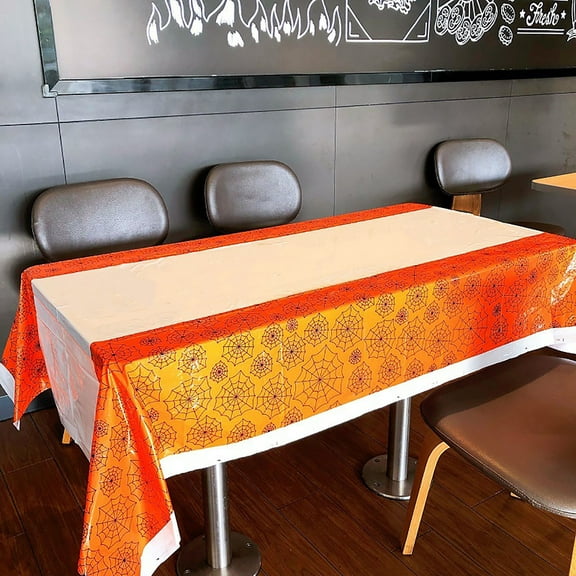 43x71 Inch Halloween Tablecloth Plastic Rectangle Pumpkin Bat Skeleton Picnic Table Cover Waterproof Orange and Black Decorations for Holiday Party Favors Supplies, Wipeable and Reusable