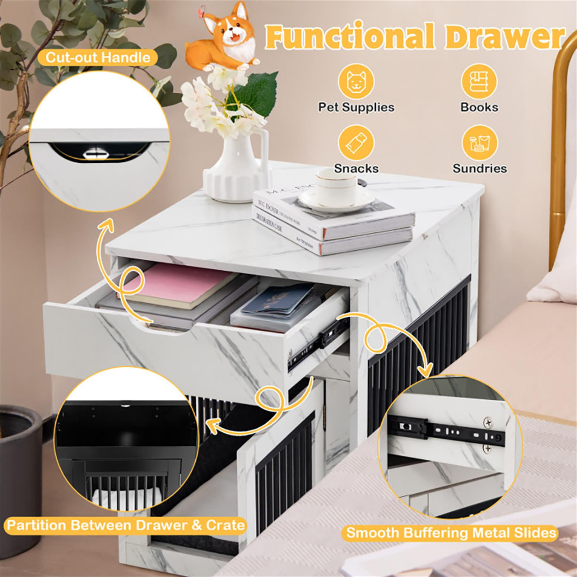 Kadyn 27" 2-In-1 Dog House with Drawer and Wired Wireless Charging, Indoor Dog Crates, Wooden Pet Dog Cages, White