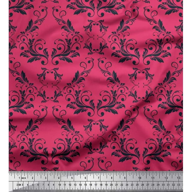 Soimoi Pink Velvet Fabric Filigree Damask Print Fabric by Yard 58 Inch Wide