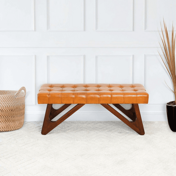 Bedroom Benches Mia Mid-Century Modern Tan Leather Bench with Buttons and Solid Wood Frame 18.9"H x 47.2"W x 15.7"D,Wooden Bedroom Benches