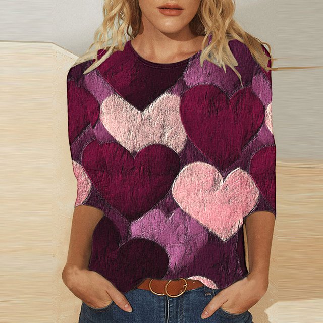 Styesk T-Shirts pour Femmes à Manches 3/4 Longueur, Imprimé Cœur, Hauts de Sortie, T-Shirts Confortables et Doux à Col Rond, Chandail à Enfiler, T-shirt Léger de Mode, Graphique de la Saint-Valentin, Grande Taille, Hauts Décontractés