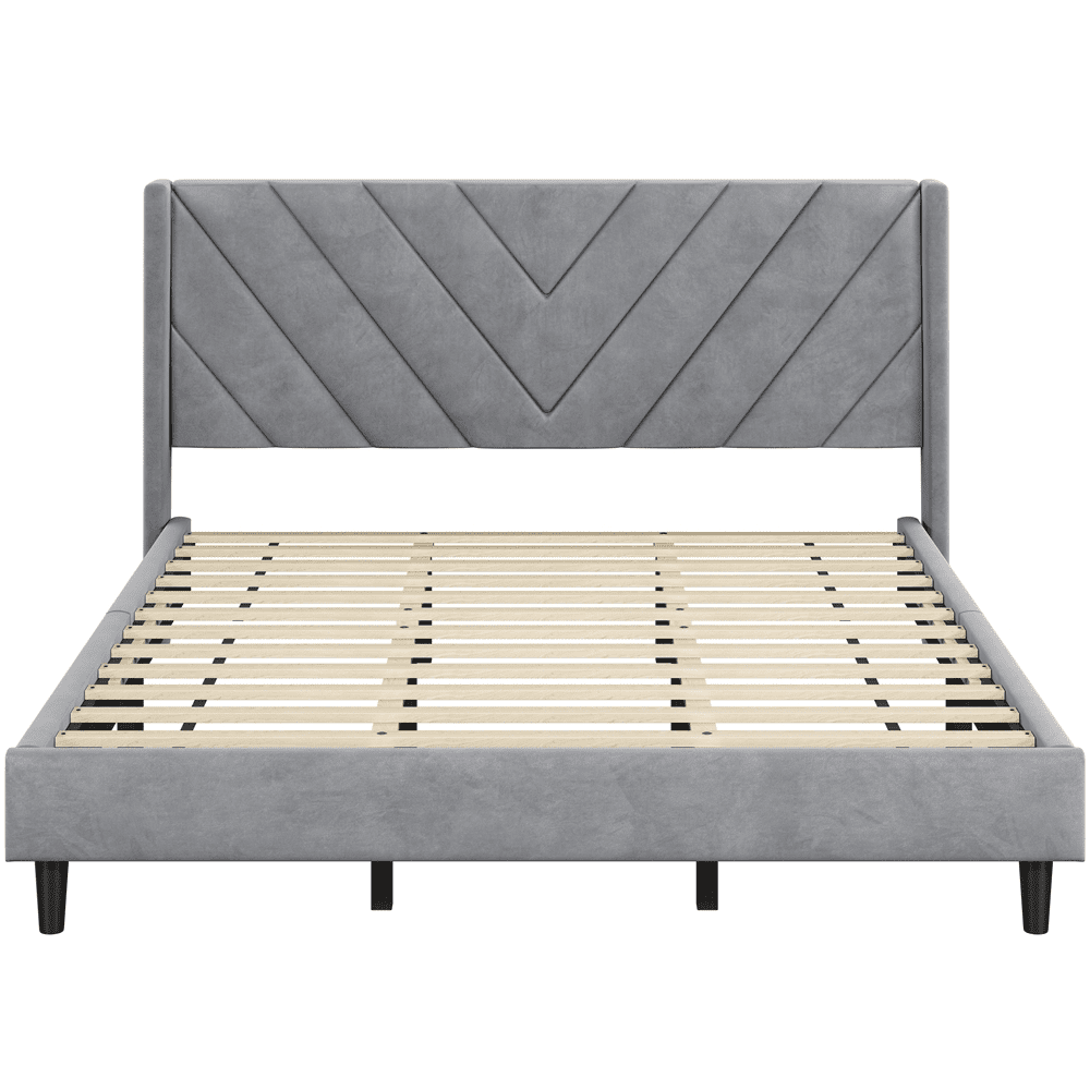 Renwick Upholstered Platform Bed Frame with Wooden Slat Support, King, Light Gray