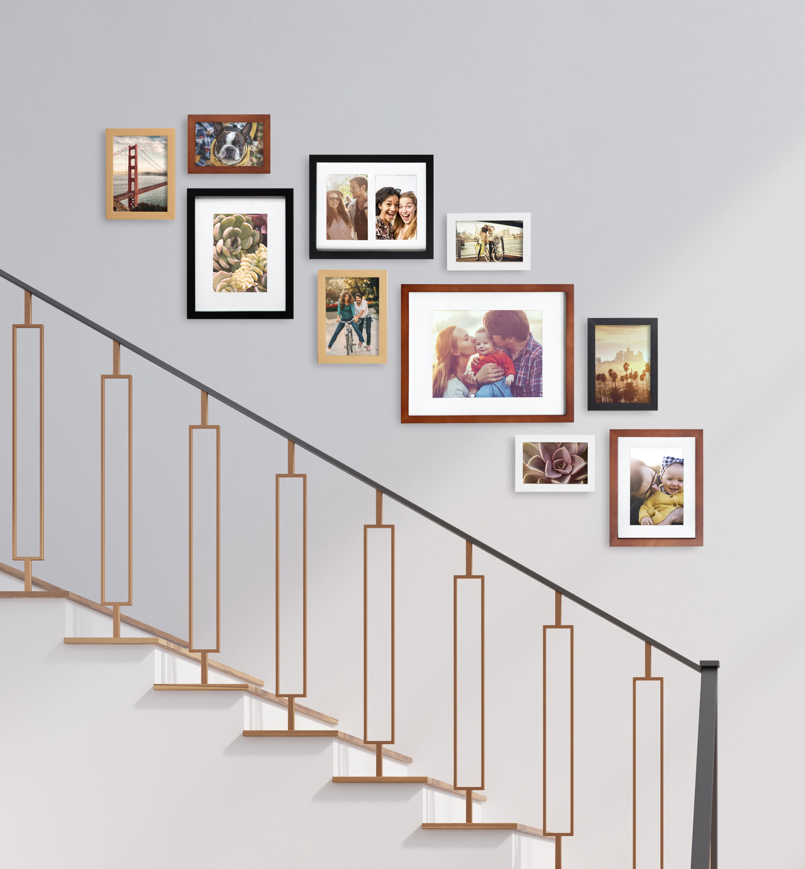 Kate and Laurel Gallery Mid-Century Wood Wall Frame Set, Set Of 10, Walnut Brown, Gold, Black, and White