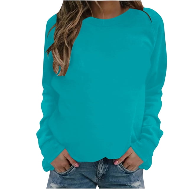 Qucoqpe - Sudadera informal de manga larga para mujer, cuello redondo, bonito jersey de color liso, corte holgado, en liquidación