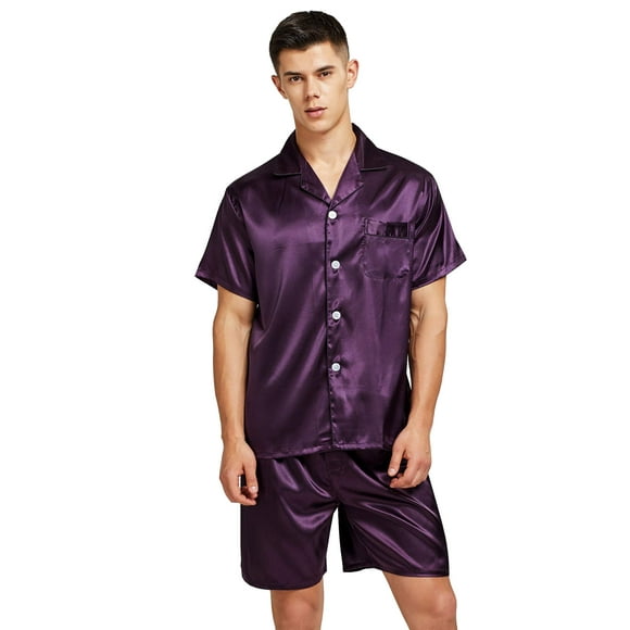 Men's Short Sleeve Satin Pajama Set with Shorts (Medium, Purple)