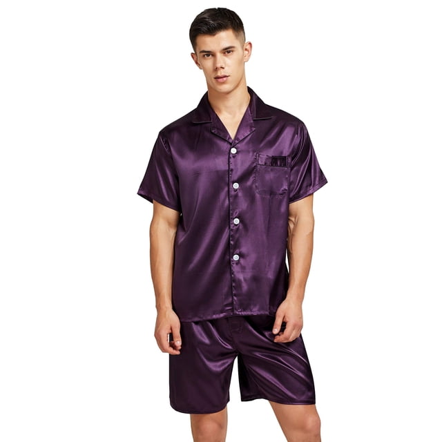 Men's Short Sleeve Satin Pajama Set with Shorts (Medium, Purple)