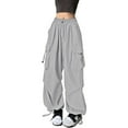 thumbnail image 1 of Pantalones cargo holgados para mujer: cordón, pantalones anchos y sueltos de color liso, poliéster, estilo urbano, informal/para el día a día/verano., 1 of 4