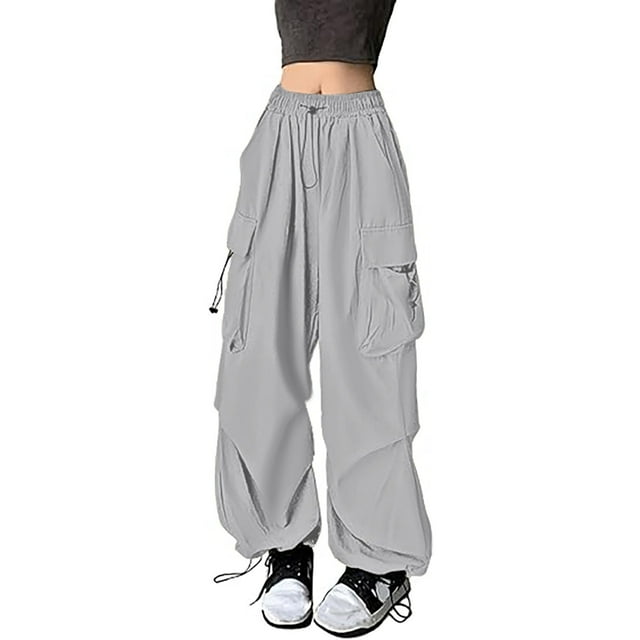 Pantalones cargo holgados para mujer: cordón, pantalones anchos y sueltos de color liso, poliéster, estilo urbano, informal/para el día a día/verano.