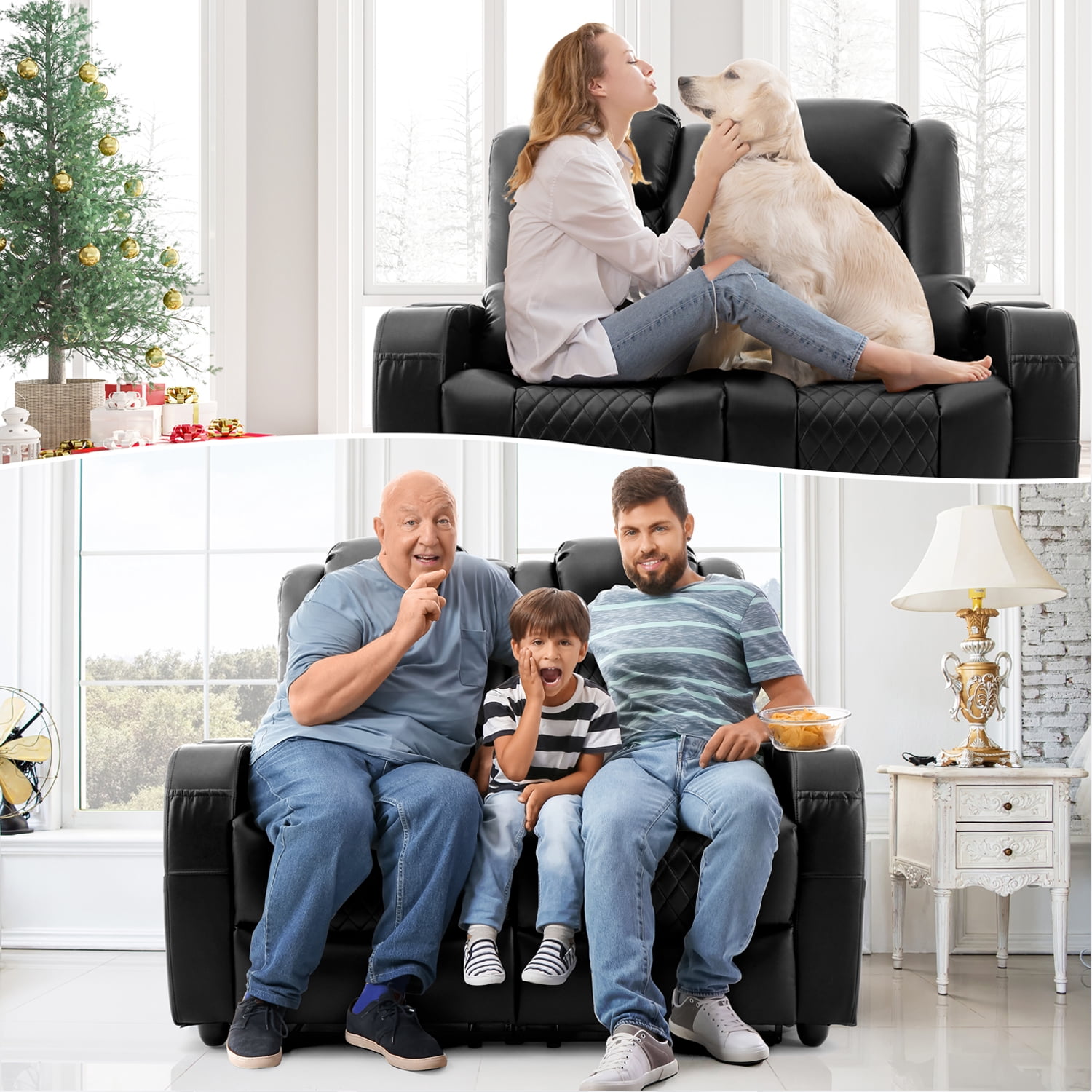 57" Loveseat Recliner, Recliner Sofa with 3 Cup Holders and 2 Pillows, Wall Hugger Recliners & 135° Reclining Loveseat (Black PU Leather Furniture)