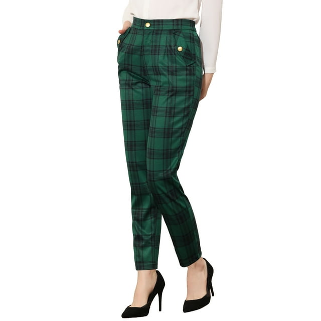 Pantalones de tartán a cuadros para mujer INSPIRE CHIC, elásticos, de cintura alta, rectos y largos, 2XL, verdes