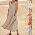thumbnail image 5 of qucoqpe Women Summer Cotton Linen Dress Fashion Casual Solid U Neck Sleeveless Tank Dress Ruffle Hem Flowy Loose Beach Long Maxi Dress with Two Pockets, 5 of 5