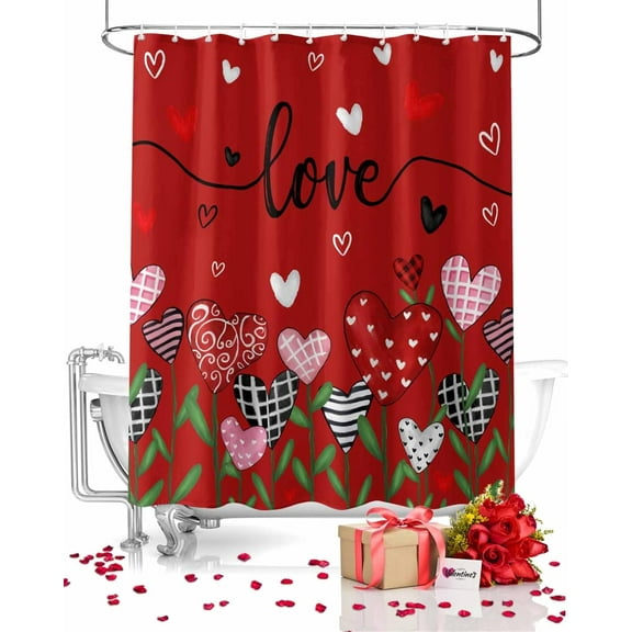 Valentines Day Red Shower Curtains for Bathroom Heart Floral Fabric Shower Curtain with Hooks, Love Flower Field Shower Curtain Set, Bathroom Curtains Decoration, Waterproof Polyester, 72"x84" Long